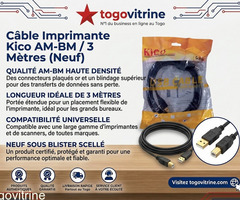 Câble Imprimante USB 3 Mètres Kico AM-BM Haute Qualité (Neuf sous Blister)