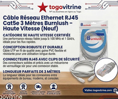 Câble Réseau Ethernet RJ45 Cat5e 3 Mètres Burnlush – Haute Vitesse (Neuf)